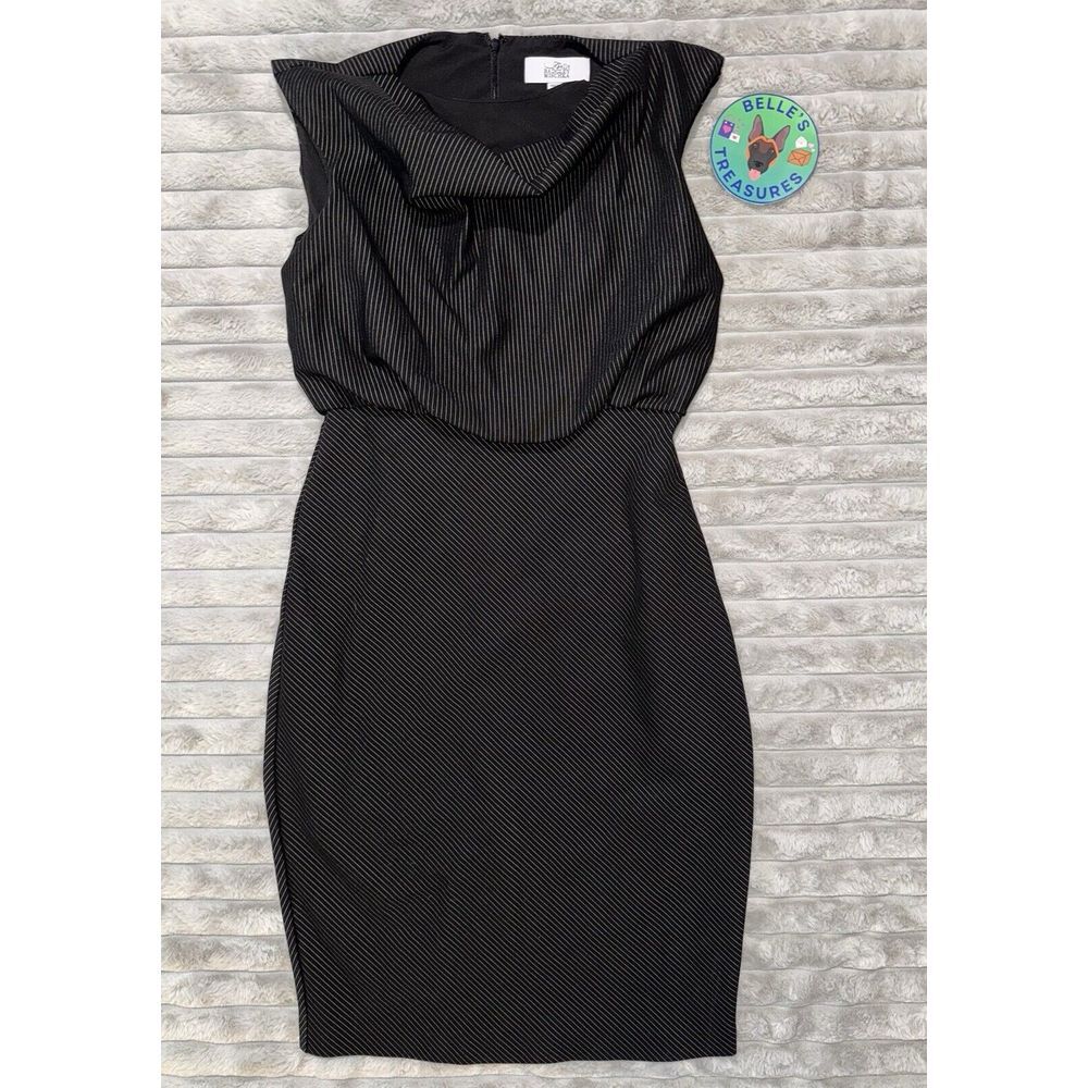 Badgley Mischka Size‎ 6 Black Pinstripe Cowl Neck Stretch Body Con Midi Dress
